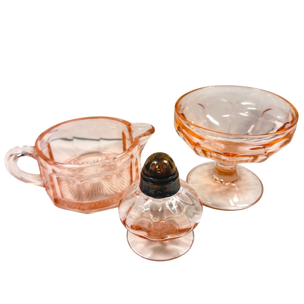3 Pink VTG Depression Glass 3 Set Creamer Sherbet Salt Shaker Hazel Atlas Heisey